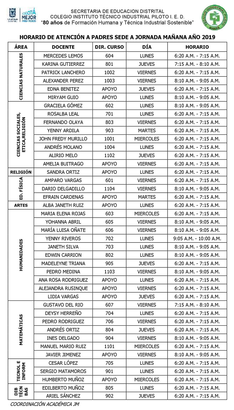 HORARIO ATENCIÓN PADRES SEDE A JM 2019